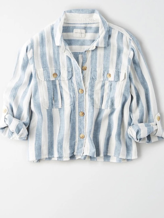 American Eagle Outfitters Tops - American Eagle Outfitters Blue and White Striped Cropped Button-Up